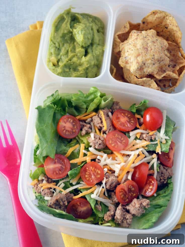 Turkey Taco Salad Bento Box, with tortilla chips, ground turkey, and fresh salad components.