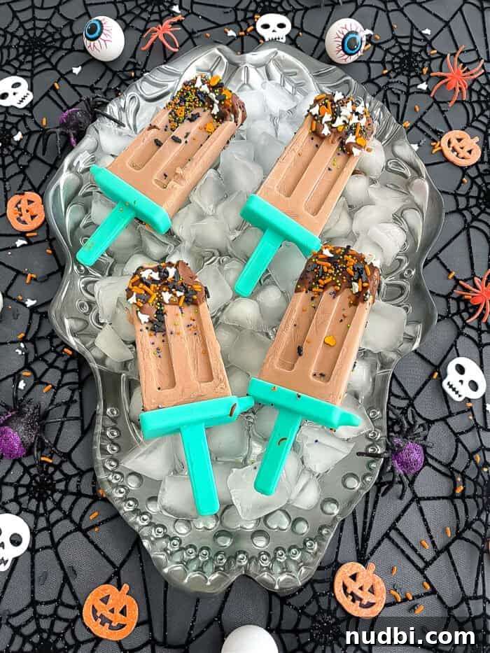 Healthy Halloween popsicles decorated with fruit slices and candy eyes.