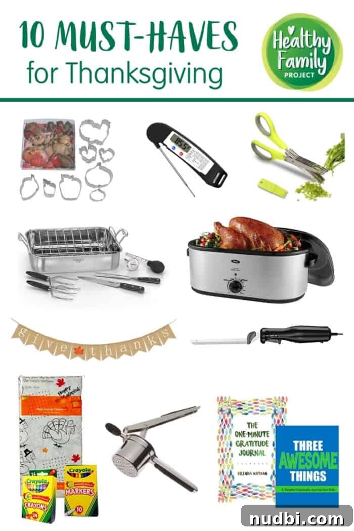 A festive Thanksgiving spread with various dishes, representing a successful holiday cooking experience. A list of 10 essential products for Thanksgiving cooking.