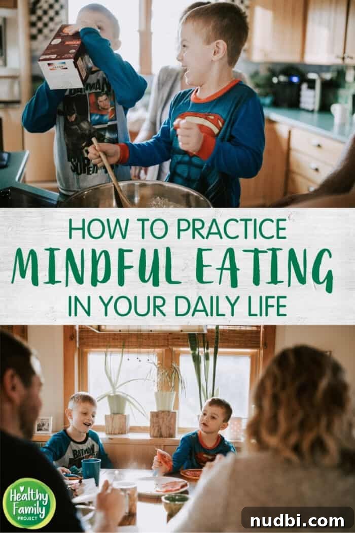 A family practicing mindful eating together at a dinner table, focusing on their food and each other without distractions.