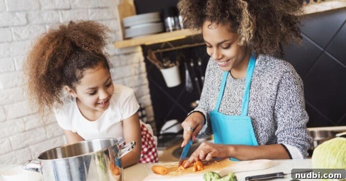 Transform Your New Year: 10 Effortless Health Hacks 2 Mom and daughter interact while cooking, smiling and preparing food together in a bright kitchen.