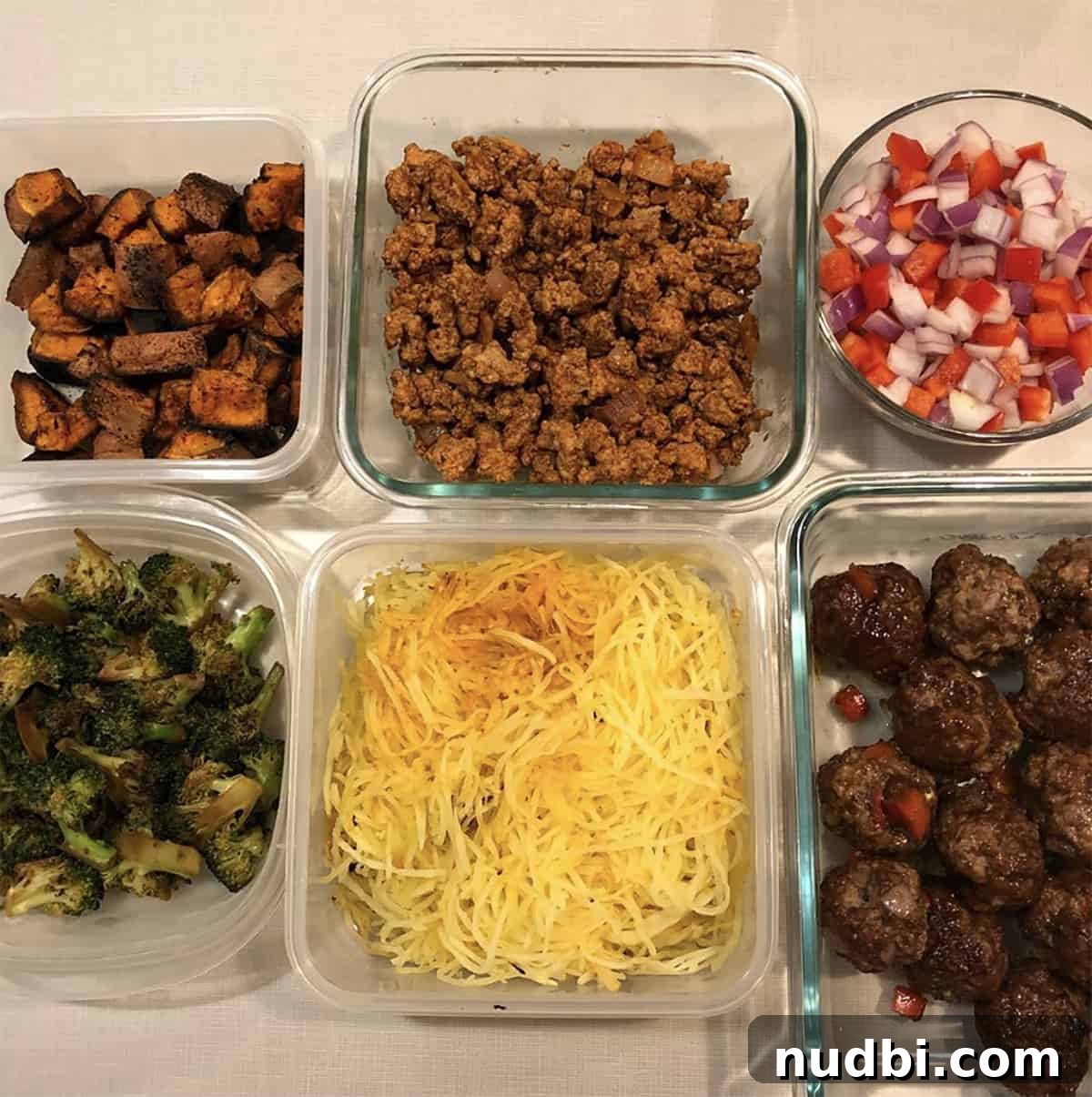 new year's resolutions A beautifully organized meal prep spread with colorful ingredients and containers, emphasizing efficiency and healthy choices.