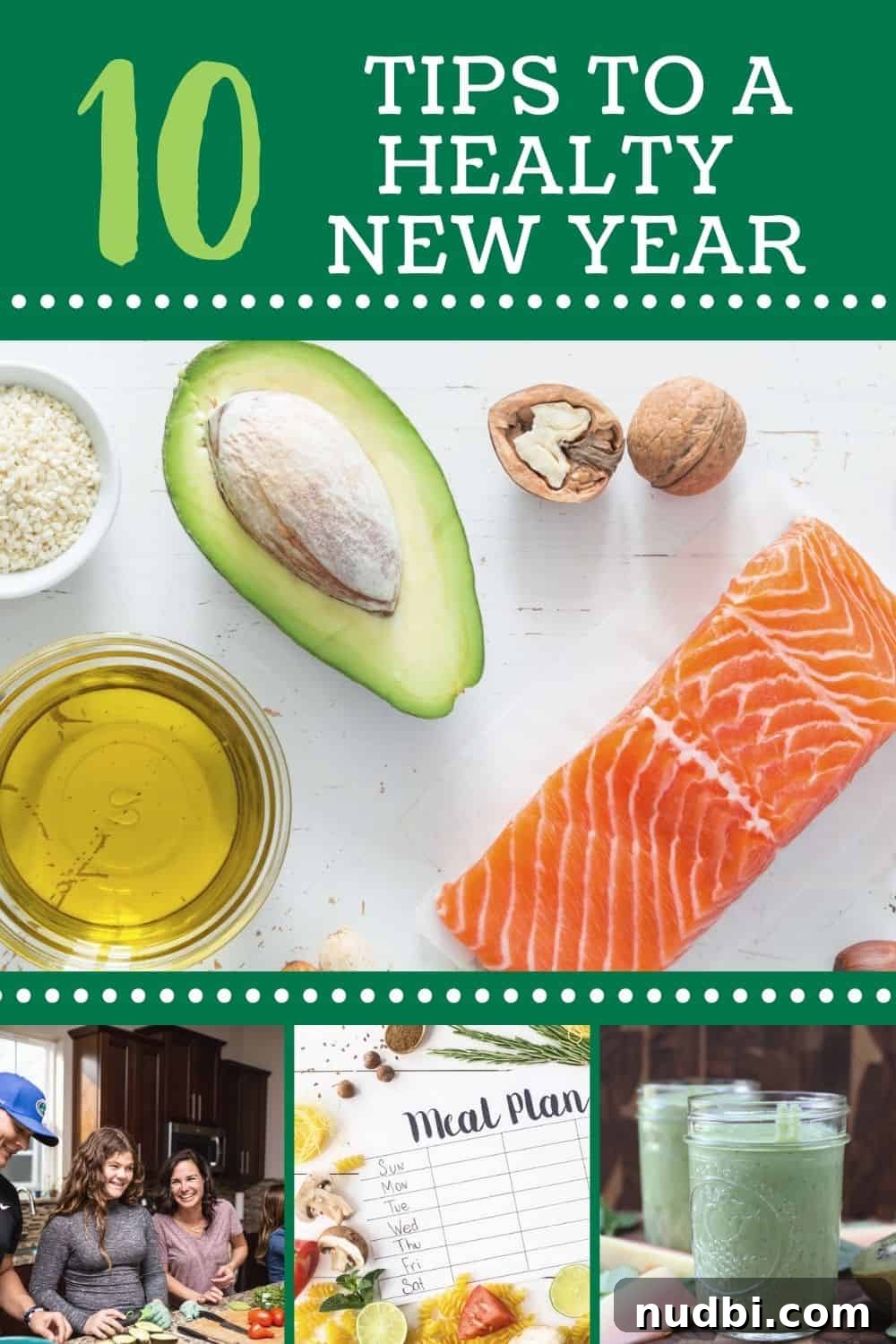 10 tips for a healthy new year A graphic listing 10 easy tips for a healthy new year, designed for social sharing.