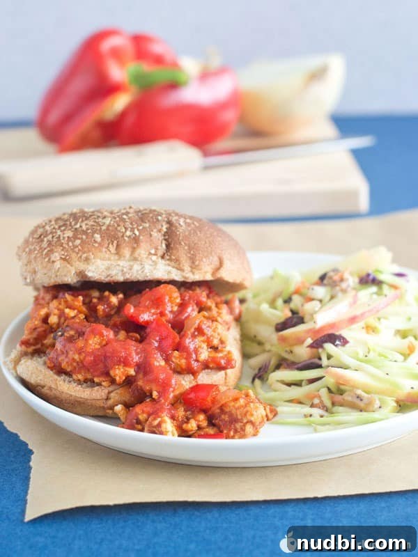 Zesty Turkey Sloppy Joes served with a side of fresh Broccoli Apple Slaw.