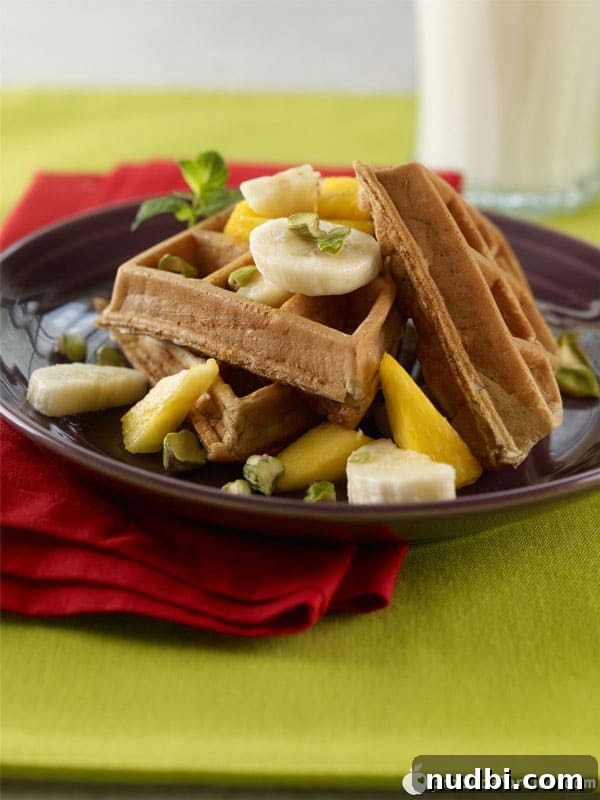 Stack of Fruity Multigrain Waffles, topped with fresh berries.