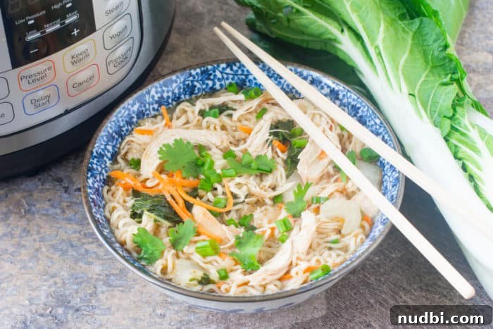 A comforting bowl of Instant Pot Chicken Ramen, garnished with fresh ingredients.