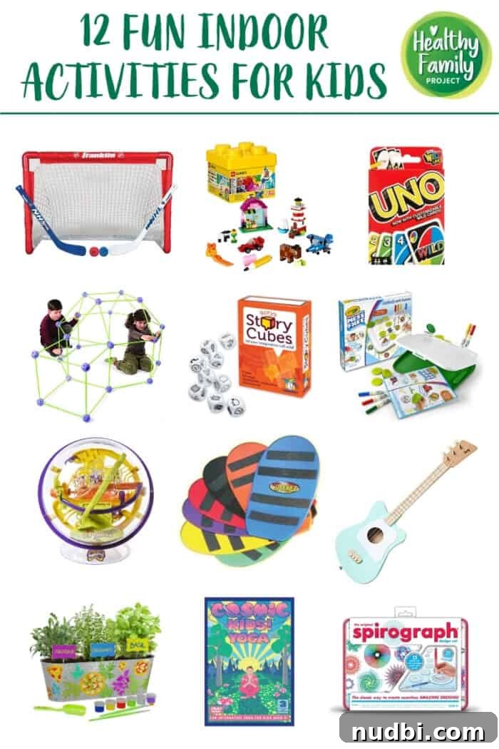 Smiling children engaged in various fun indoor activities like building forts, playing games, and doing crafts, perfect for snowy or rainy days.