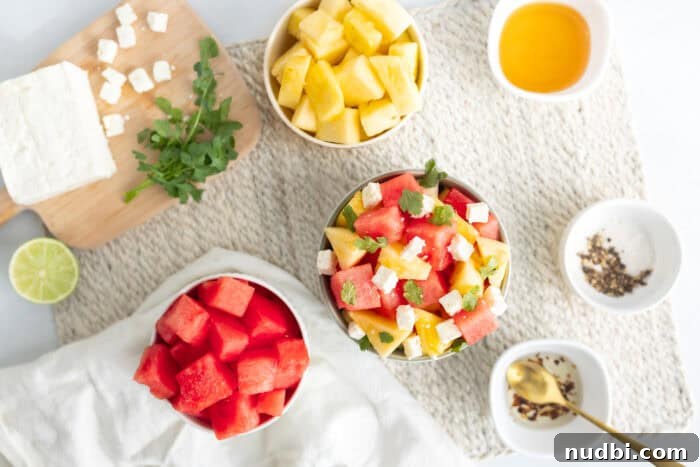 Bright Watermelon Pineapple Feta Mint Salad 5 Watermelon Pineapple Salad ready to serve