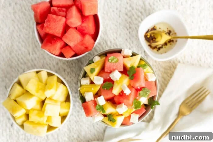 Bright Watermelon Pineapple Feta Mint Salad 6 Watermelon Pineapple Salad served on skewers