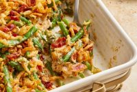 Cheesy Bacon Green Bean Casserole Recipe with Crispy Topping