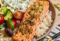 Greek Salmon Rice Bowls with Tzatziki & Lemon Dill Rice