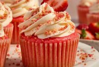 Strawberry Crunch Cupcakes with Crunchy Topping and Cream Cheese Frosting