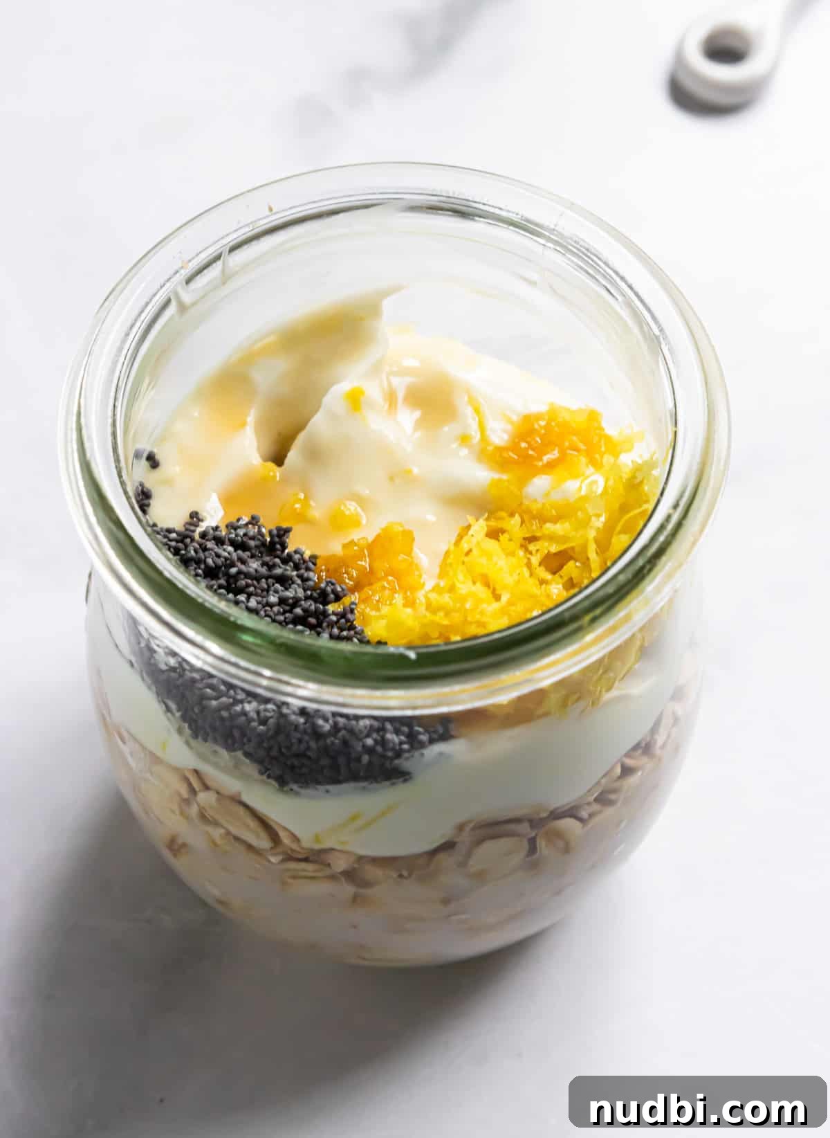Lemon Poppy Seed Overnight Oats Recipe for Bright Morning Meals 5 Ingredients to make oatmeal recipe in jar.