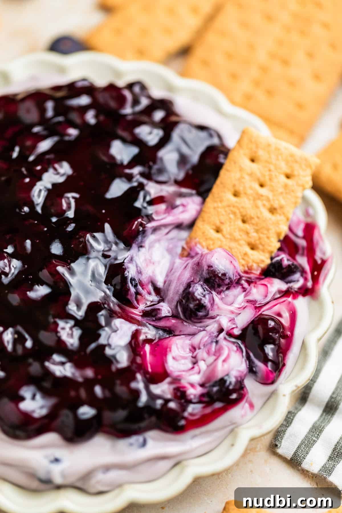 Creamy Blueberry Cheesecake Dip Recipe for Fruit & Crackers 8 Blueberry pie filling topped cheesecake dip with graham cracker.