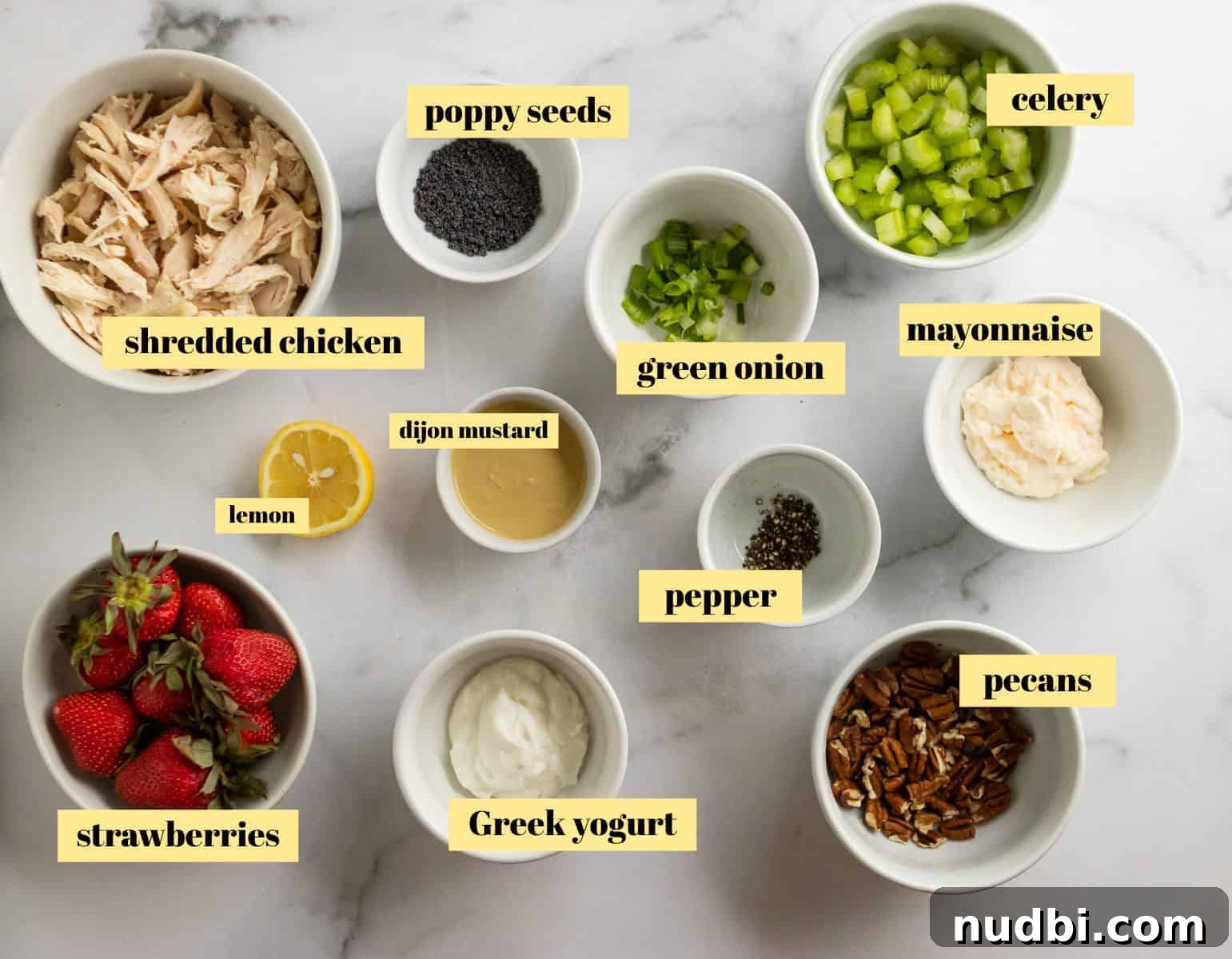 Strawberry Poppy Seed Chicken Salad with Pecans 4 Ingredients to make recipe.