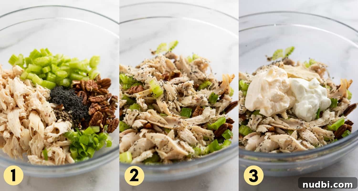 Strawberry Poppy Seed Chicken Salad with Pecans 5 Chicken, celery, poppy seeds and other ingredients in mixing bowl.