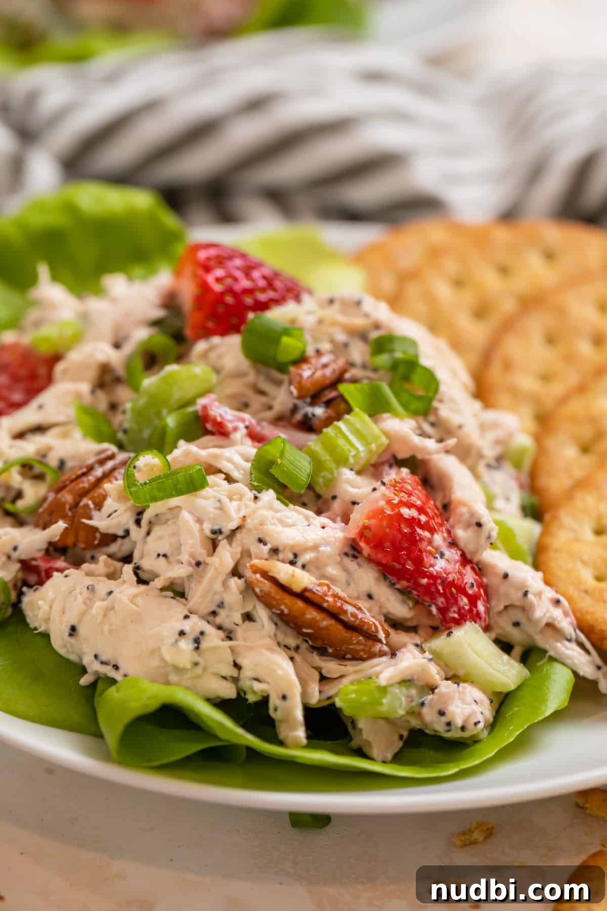 Strawberry Poppy Seed Chicken Salad with Pecans 7 White plate with strawberry pecan chicken salad with poppy seeds scooped on lettuce and crackers on the side.