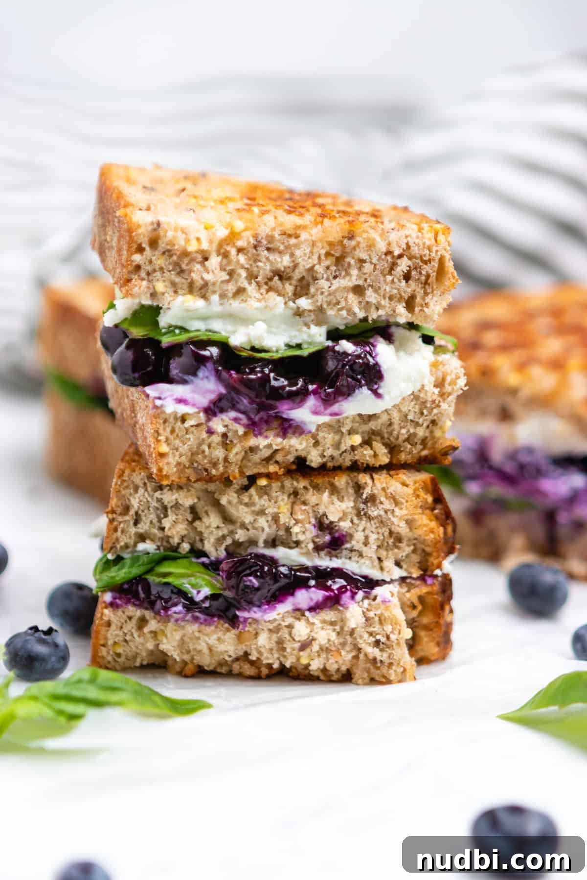 Blueberry, Basil & Goat Cheese Grilled Sandwich Recipe 2 Grilled cheese with goat cheese, blueberries and basil stacked.
