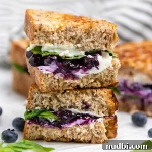 Blueberry, Basil & Goat Cheese Grilled Sandwich Recipe 12 Stacked grilled goat cheese sandwich on counter with blueberries and basil.