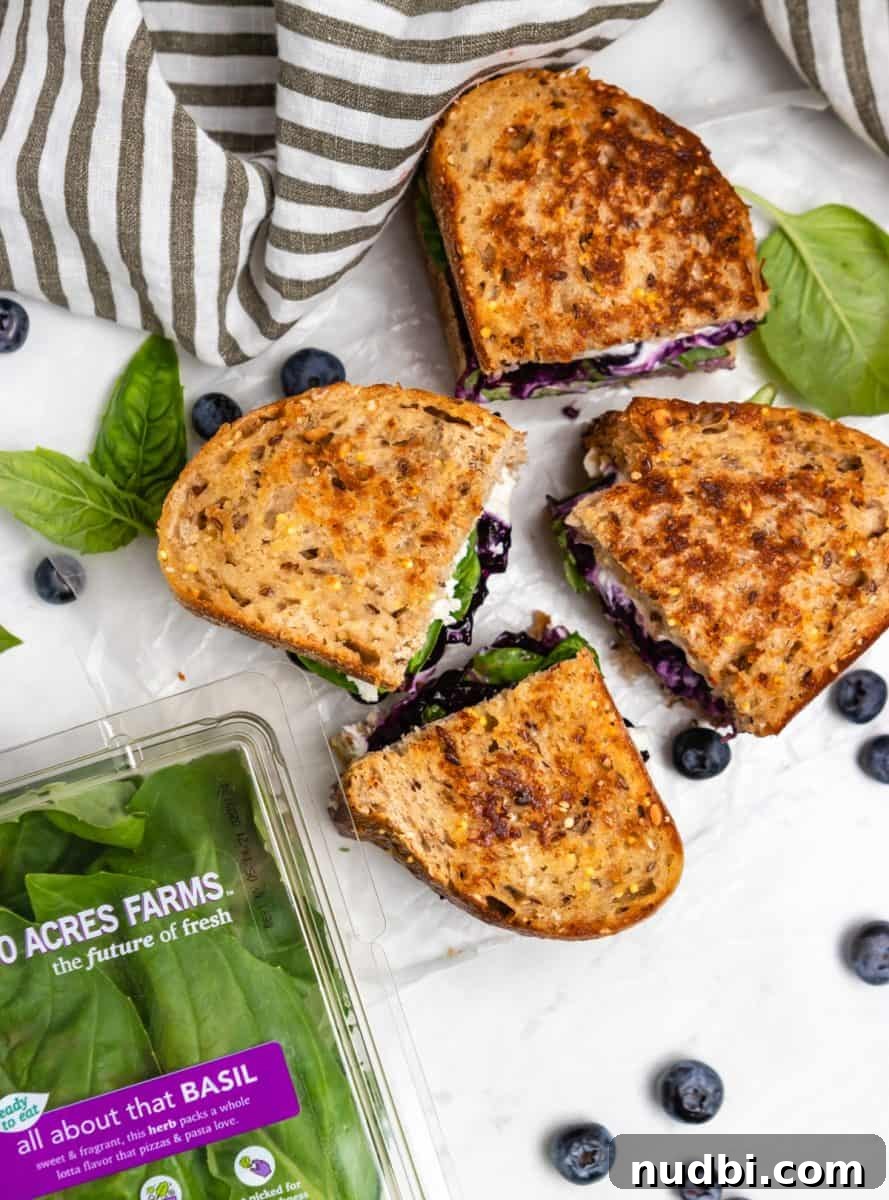 Blueberry, Basil & Goat Cheese Grilled Sandwich Recipe 7 Overhead view of grilled goat cheese sandwiches with striped napkin.