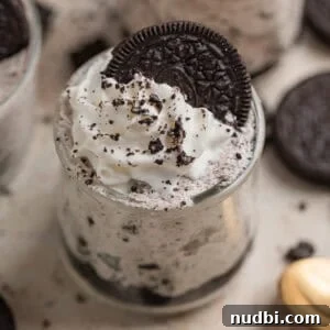 No-Bake Oreo Cheesecake Cups Recipe for Creamy Dessert 14 Oreo cheesecake cups topped with whipped cream and an Oreo along with more cookie crumbs.