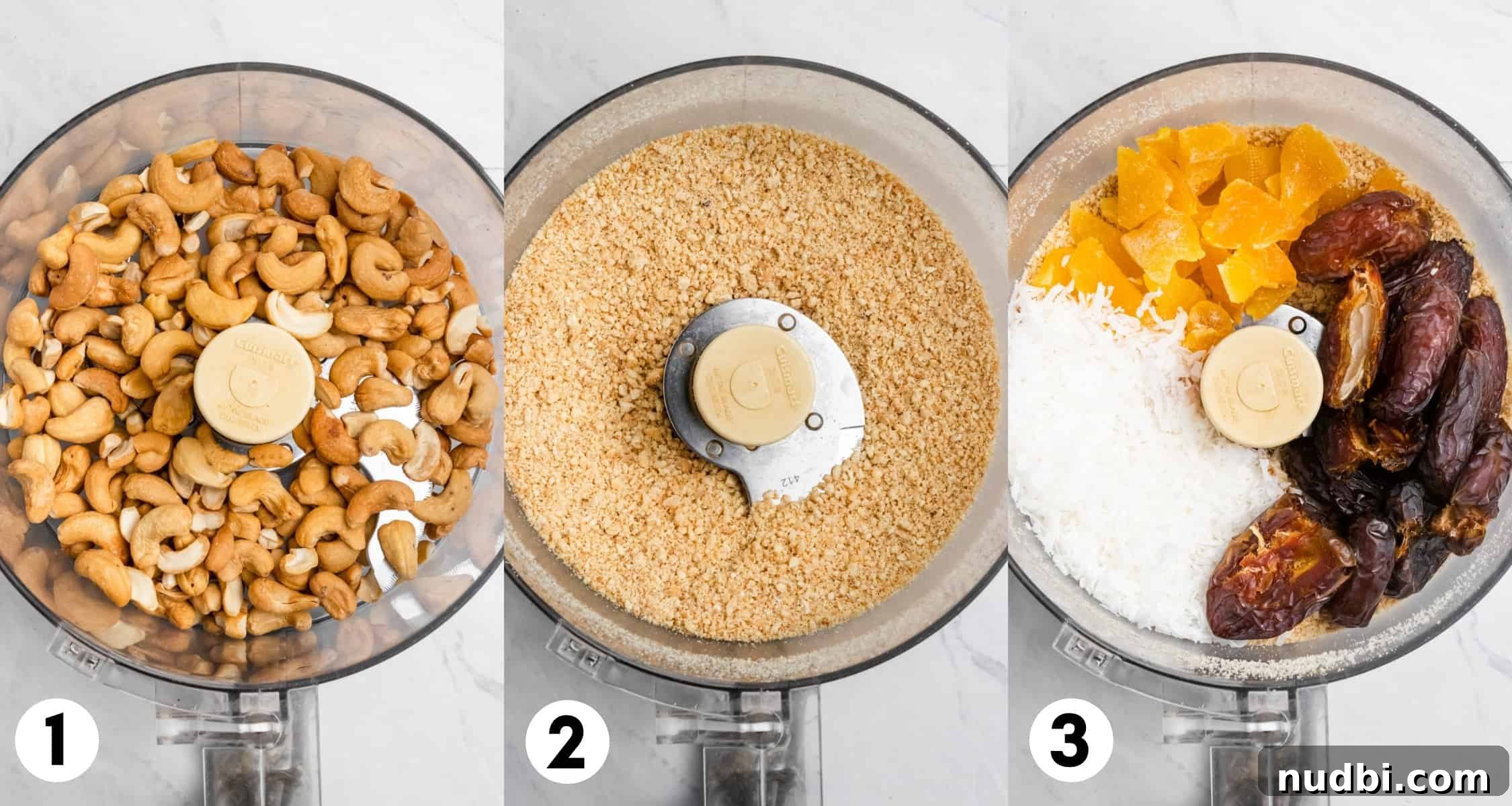 Coconut Mango Energy Bites: Tropical No-Bake Snack Recipe 4 Cashews, coconut, dates and ingredients in food processor.