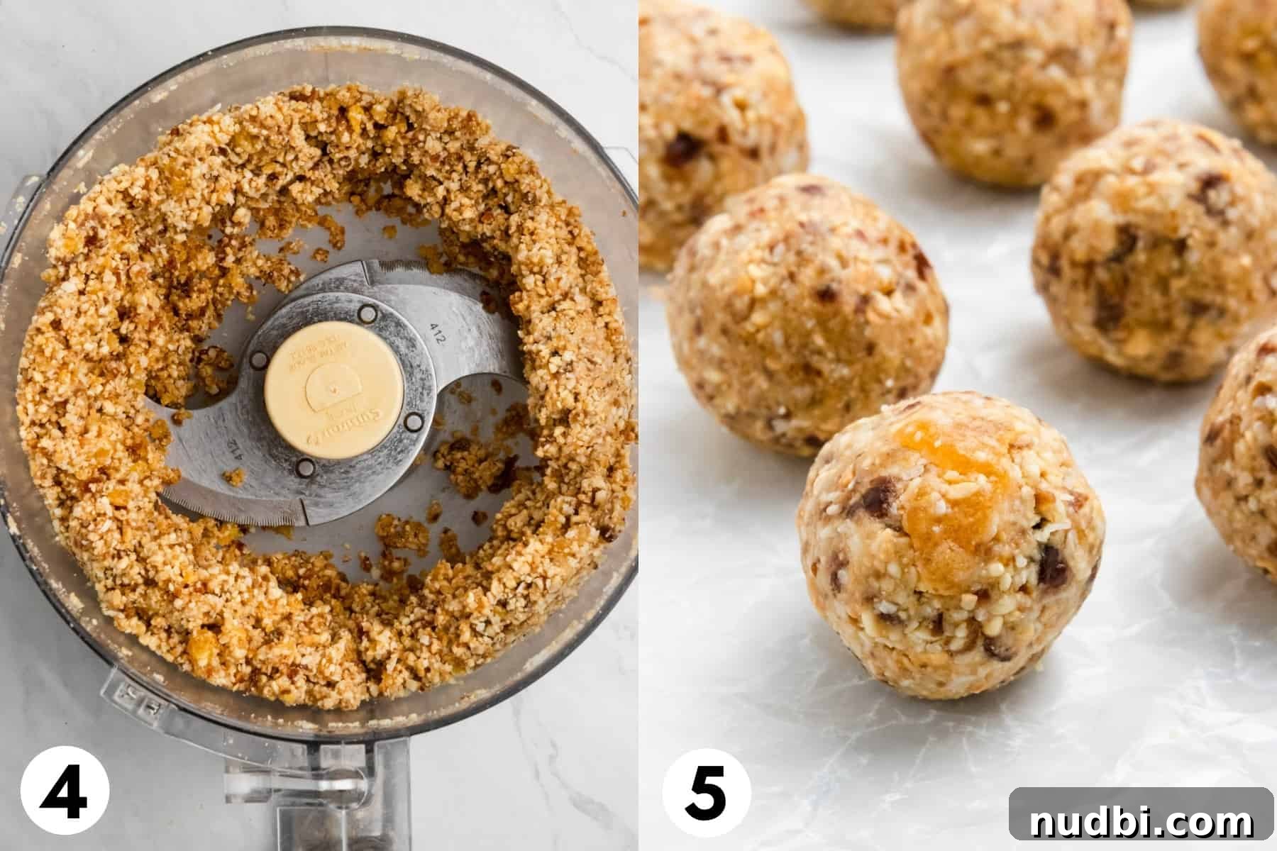 Coconut Mango Energy Bites: Tropical No-Bake Snack Recipe 5 Energy bite dough in food processor and rolled into balls.