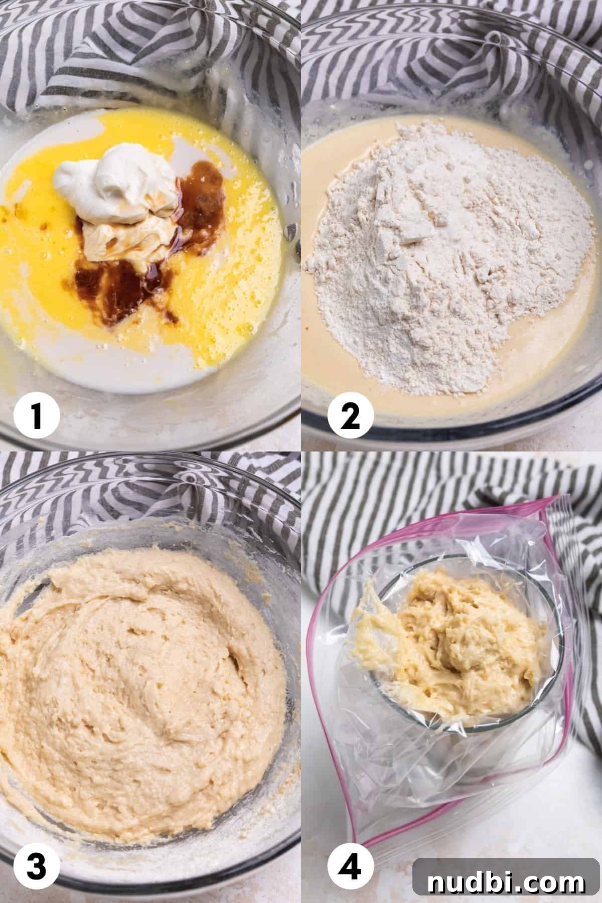Triple Vanilla Donuts Recipe: Soft, Fluffy, and Extra Vanilla 4 Step by step process of making vanilla donuts in glass mixing bowl.