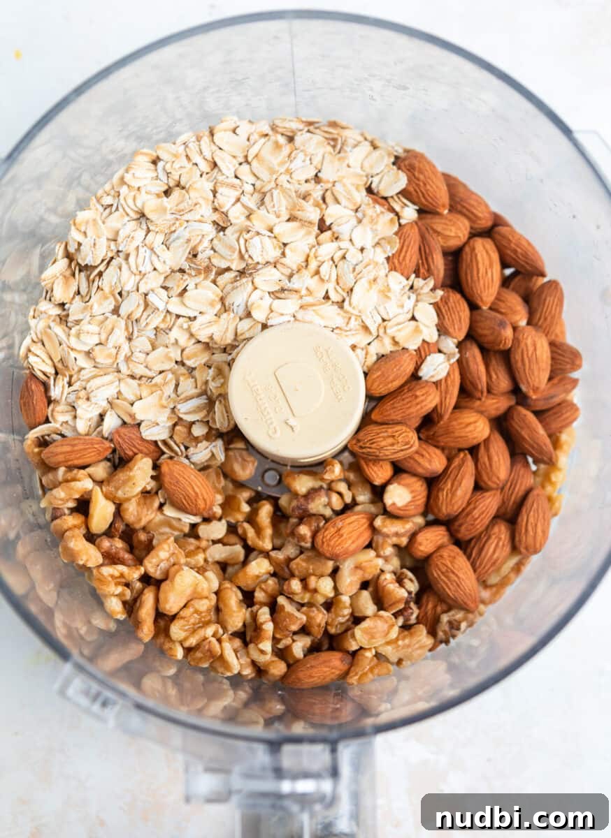 No-Bake Banana Bread Bites Recipe – Quick No-Oven Snack 4 Almonds, walnuts and rolled oats in food processor.