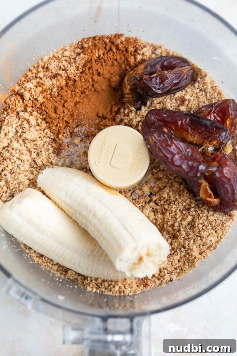 No-Bake Banana Bread Bites Recipe – Quick No-Oven Snack 6 Banana, medjool dates, cinnamon, and vanilla added to mixture in food processor.