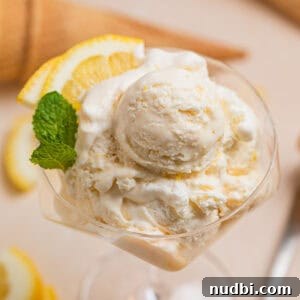 No-Churn Lemon Ice Cream Recipe — Creamy, Tart & Refreshing 13 Scooped lemon ice cream in stemware with two lemon quarters and fresh mint leaves.