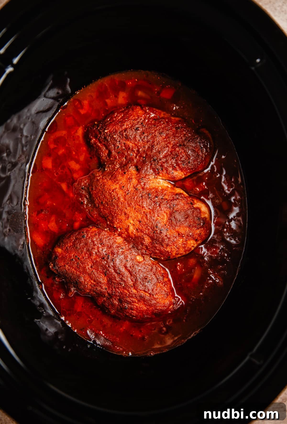 Slow Cooker BBQ Shredded Chicken Recipe for Sandwiches and Tacos 6 Cooked BBQ chicken in crock pot.