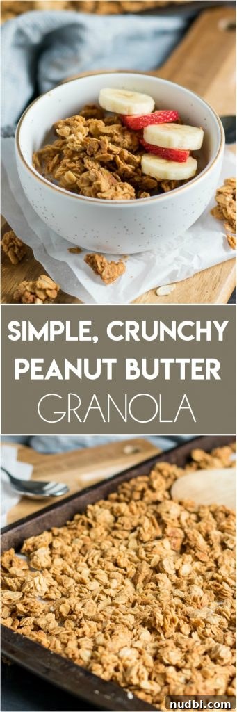 Crunchy Peanut Butter Granola Recipe for Homemade Mornings 6 peanut butter granola in bowl with banana and strawberry.