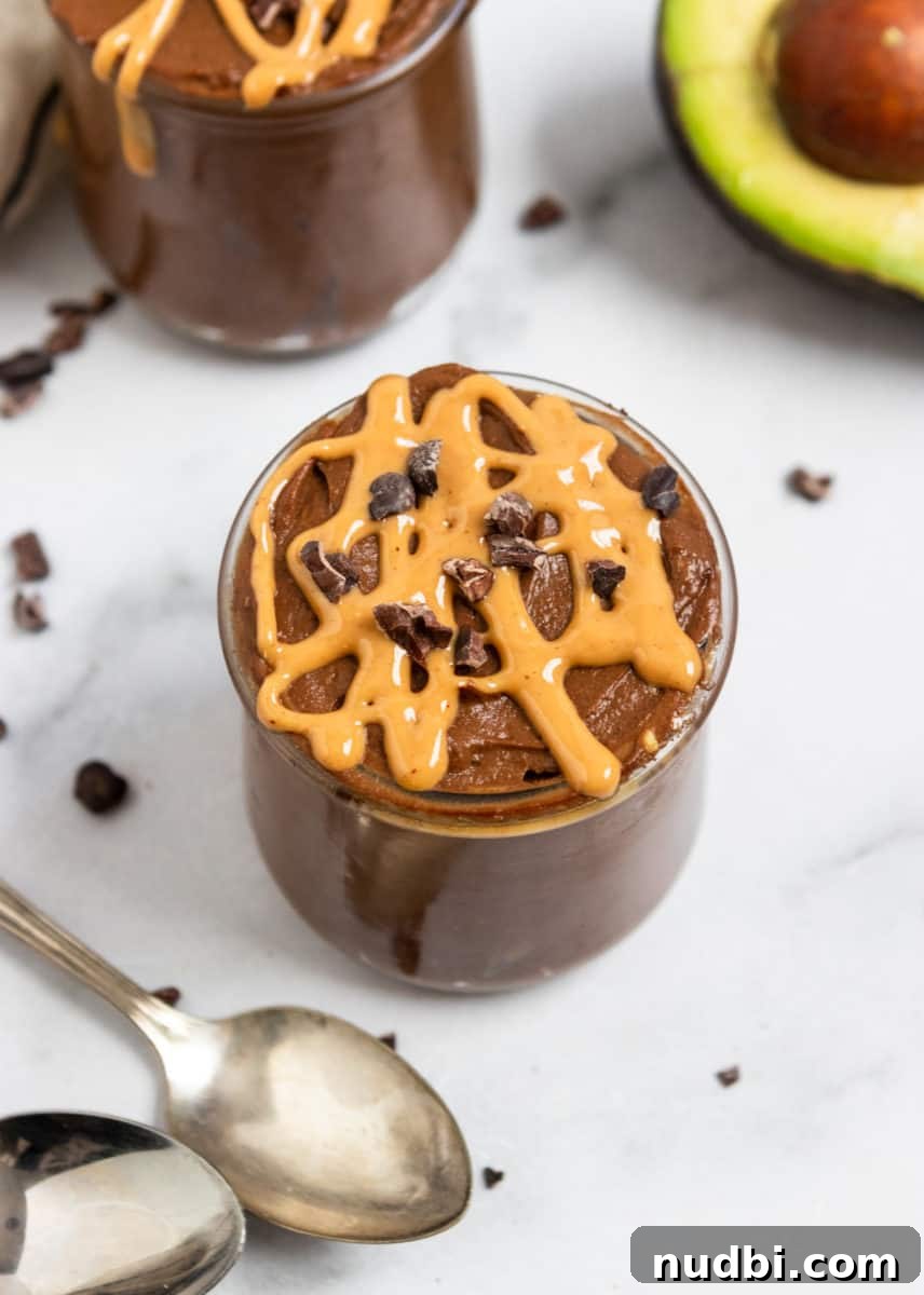 Peanut Butter Chocolate Avocado Mousse Recipe for Creamy Desserts 4 Chocolate Avocado Mousse with peanut butter drizzle and cacao nibs.