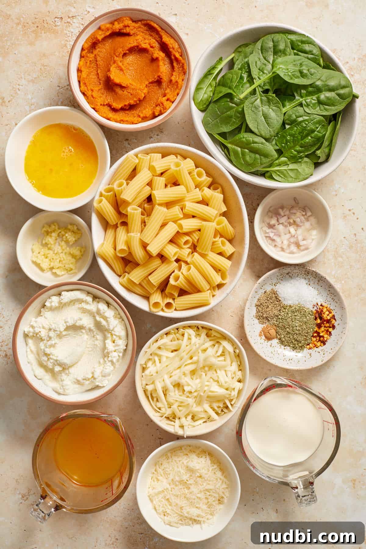 Creamy Pumpkin Ricotta Pasta Bake with Parmesan Crisp Topping 3 Spinach, noodles, broth, cream, pumpkin and other ingredients laying on surface prepped for recipe.