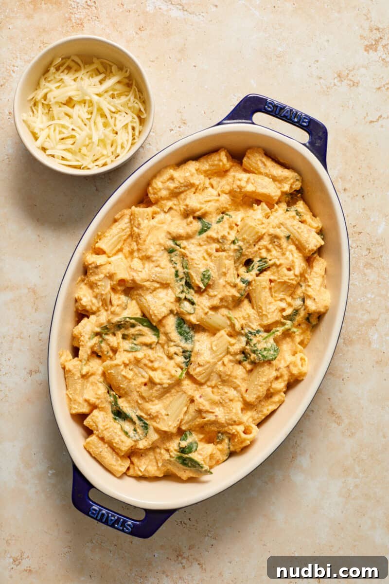 Creamy Pumpkin Ricotta Pasta Bake with Parmesan Crisp Topping 8 Pumpkin pasta bake in casserole dish with bowl of cheese beside it.