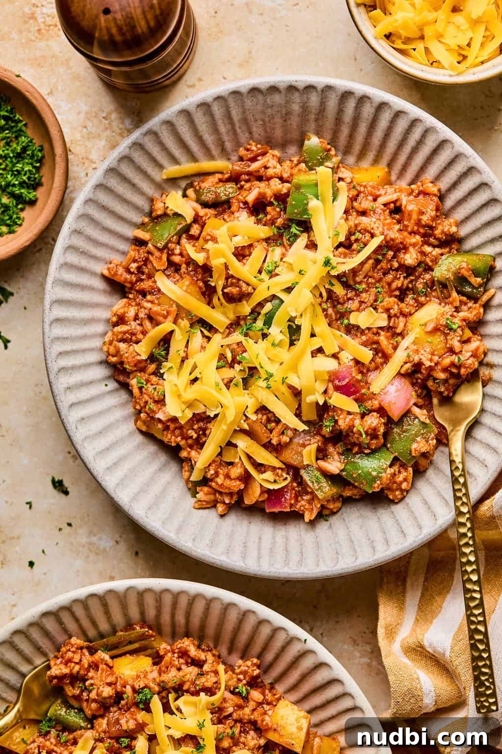 Weeknight Ground Turkey Skillet Dinner Recipe 10 Bowl with ground turkey, pepper and rice skillet dinner topped with cheese and fork scooping into bowl.