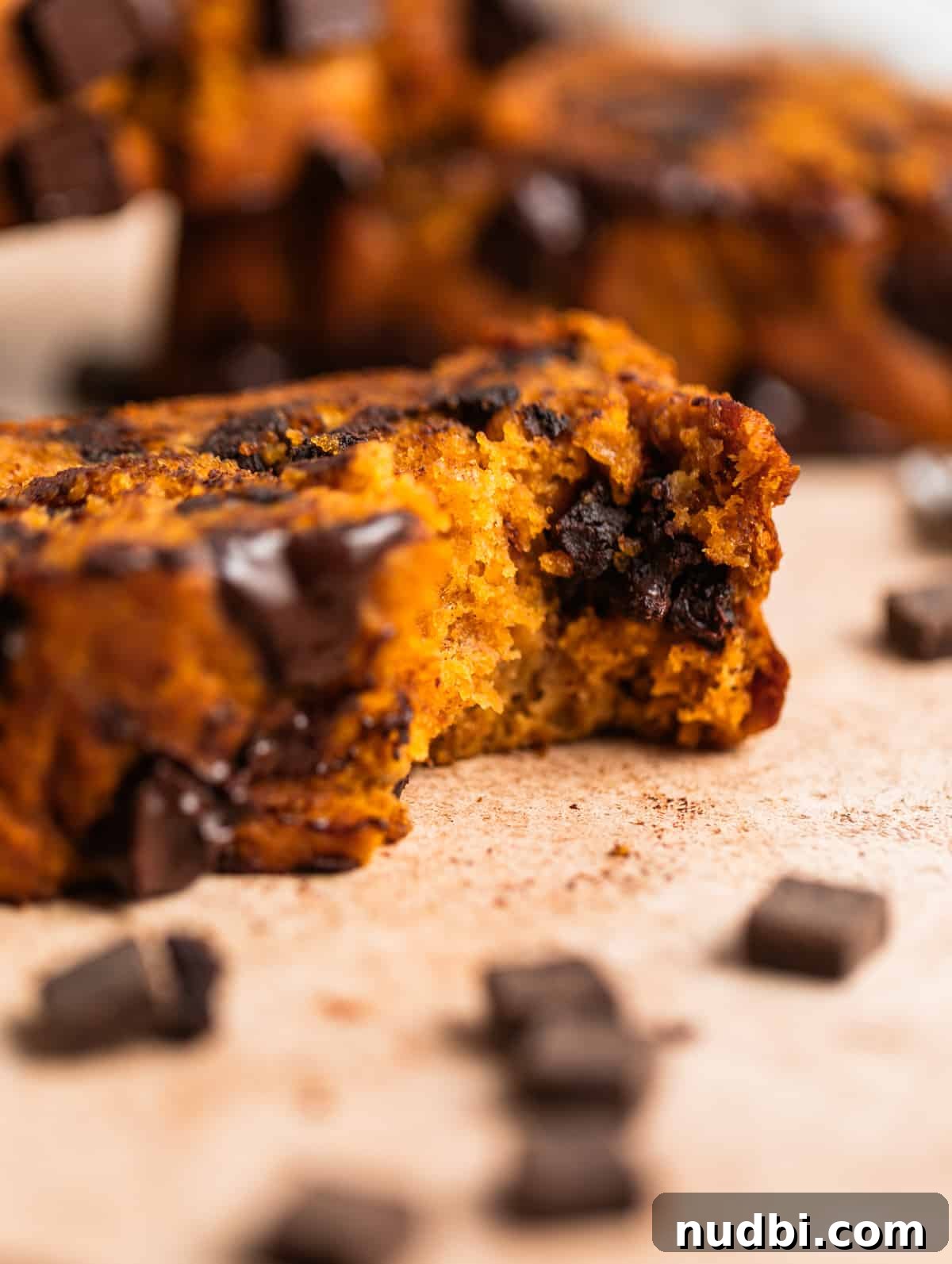 Pumpkin Chocolate Chip Banana Bread Recipe 3 Slice of pumpkin chip banana bread with bite taken out of it.