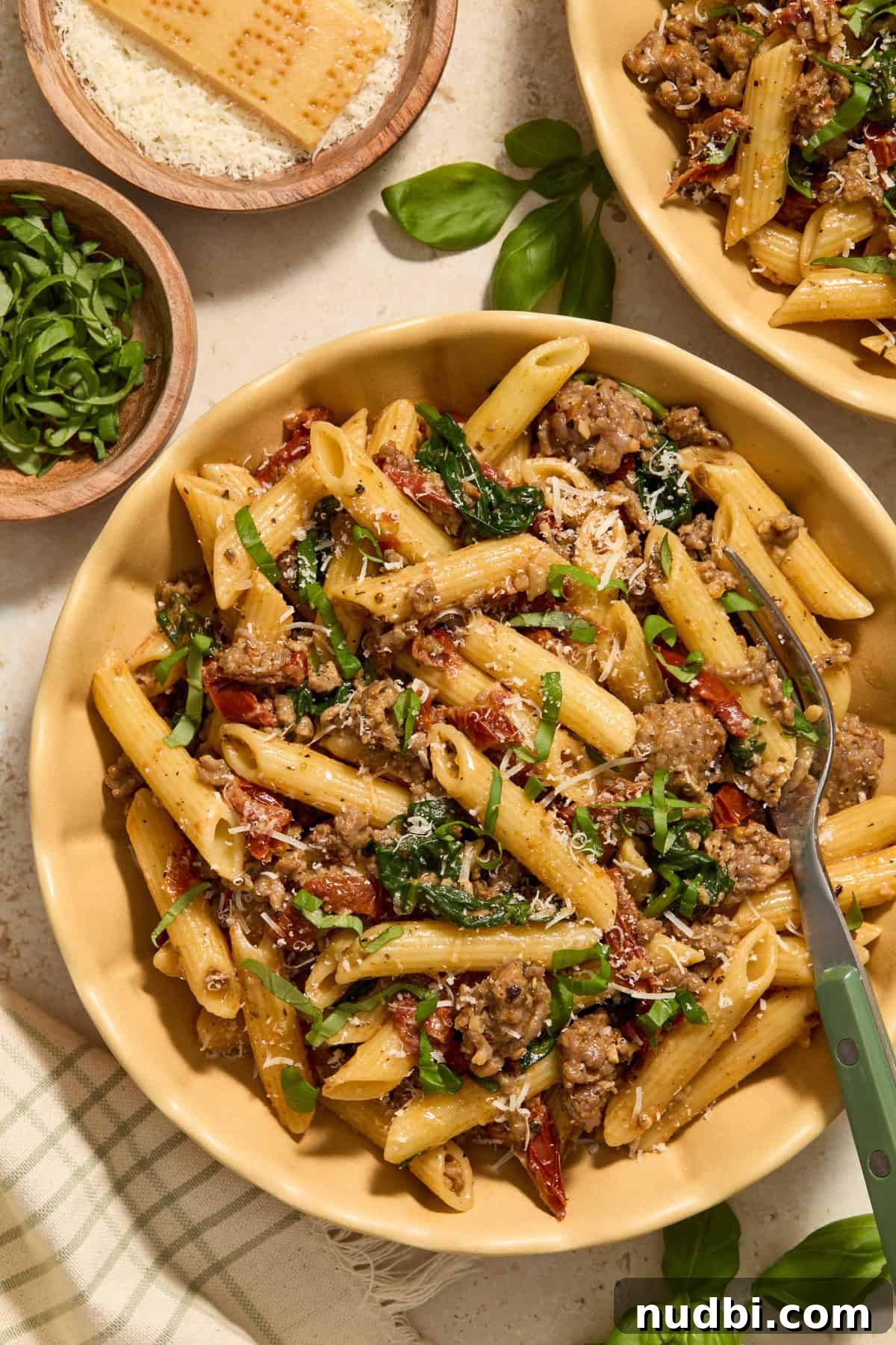 Sun-Dried Tomato Pasta with Italian Sausage Recipe 2 Plate with serving of sun-dried tomato pasta with Italian sausage topped with chopped basil.