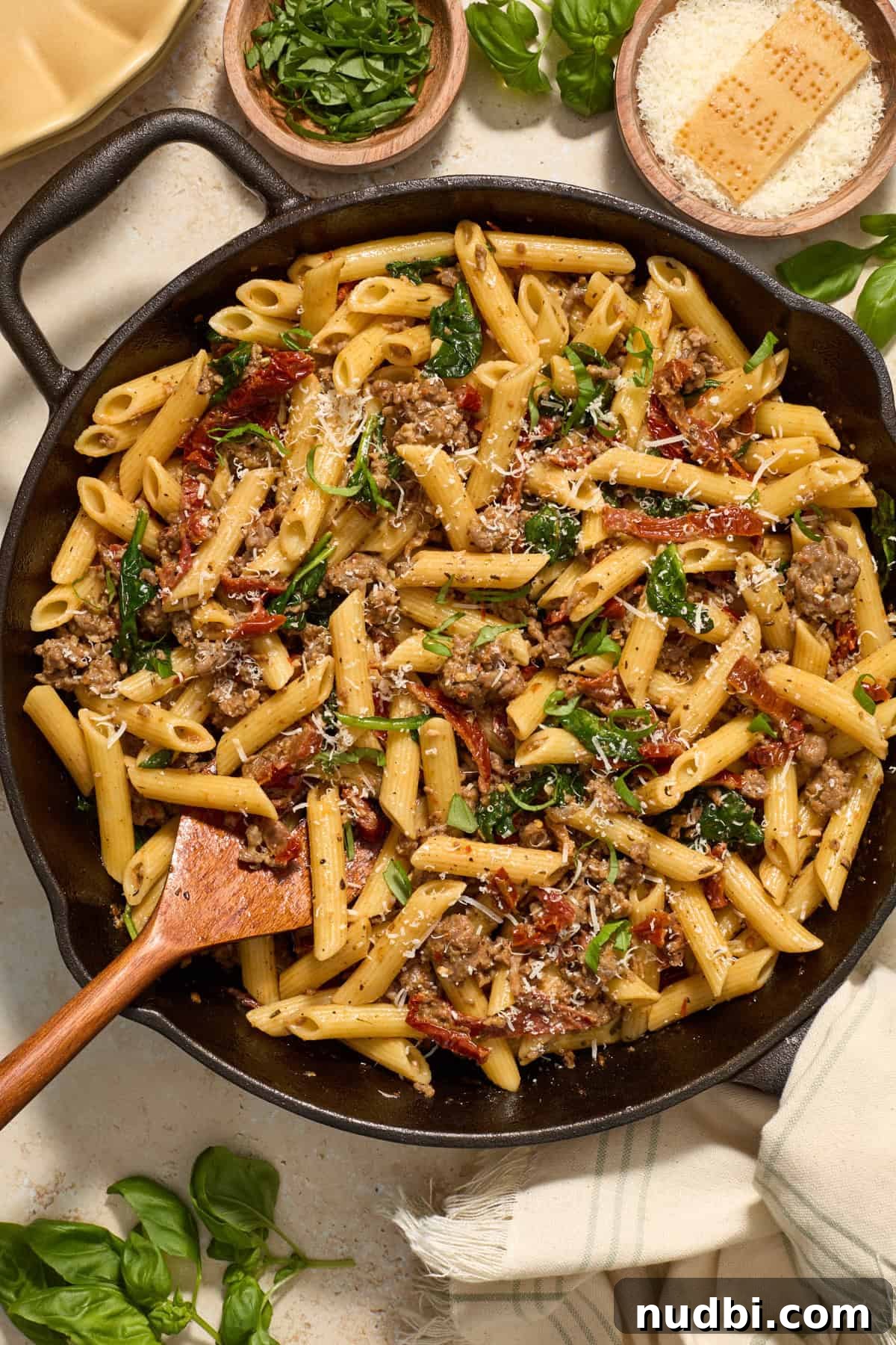 Sun-Dried Tomato Pasta with Italian Sausage Recipe 11 Pasta in skillet topped with chopped basil.