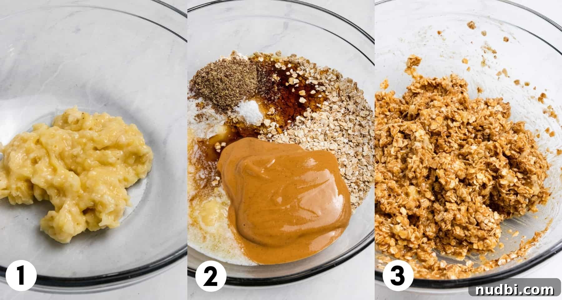 Peanut Butter Banana Oatmeal Breakfast Cookies That Keep You Full 5 Ingredients to be mixed in mixing bowl.