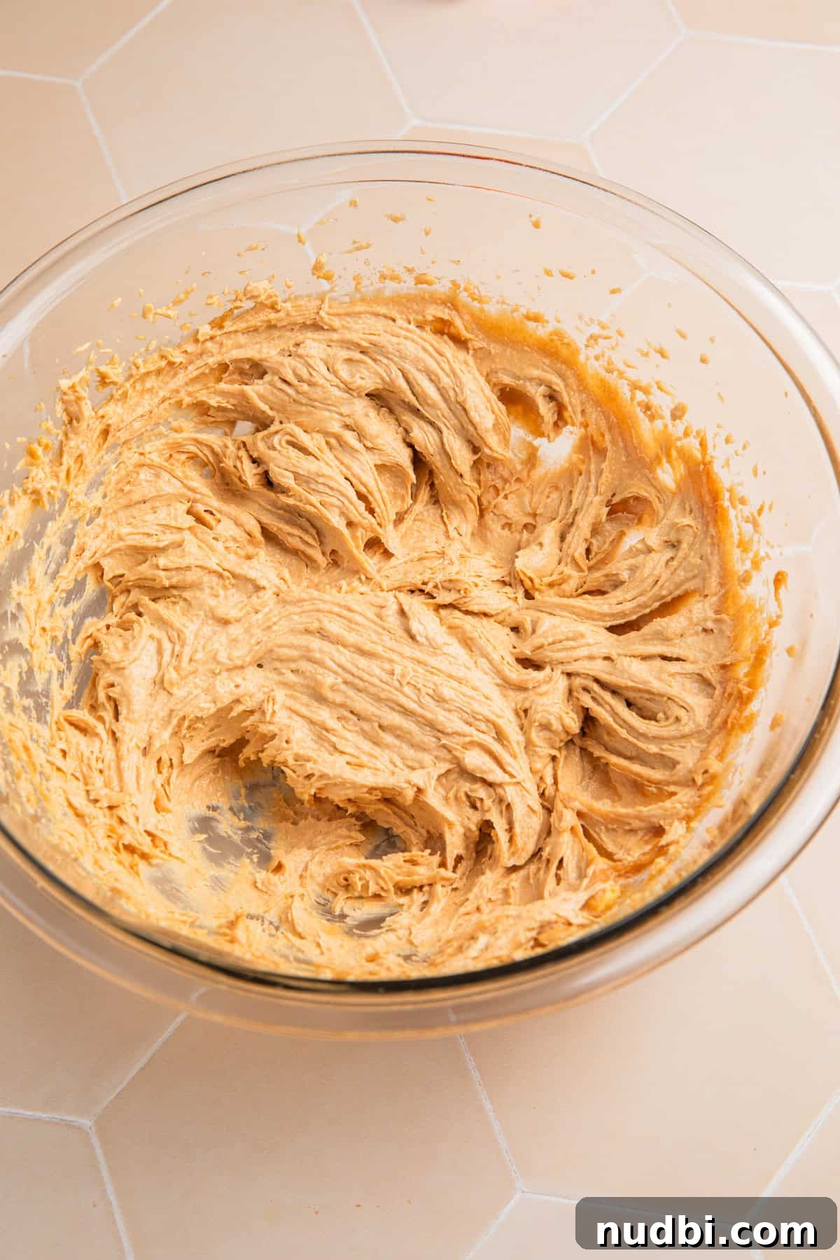 Edible Peanut Butter Cookie Dough Recipe for Safe Snacking 4 Creamed peanut butter, butter, sugars and vanilla in bowl.