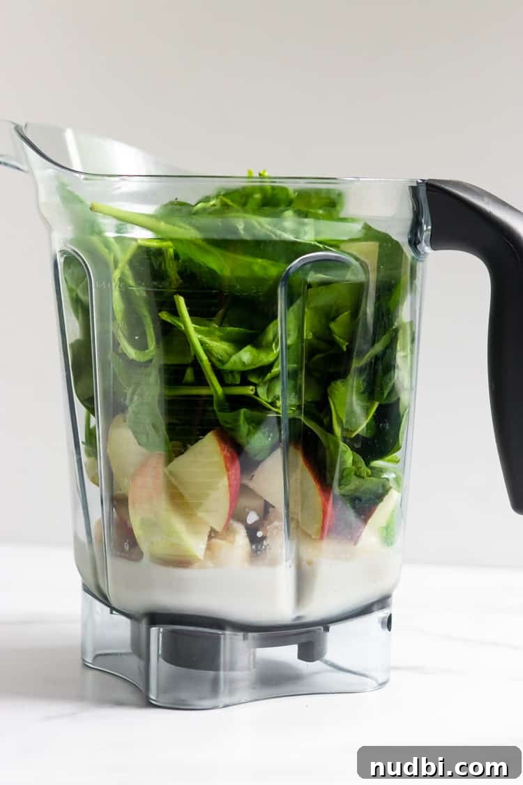 Apple Pie Smoothie Recipe: Creamy Green Spinach & Apple Blend 4 Ingredients for apple pie smoothie in blender.