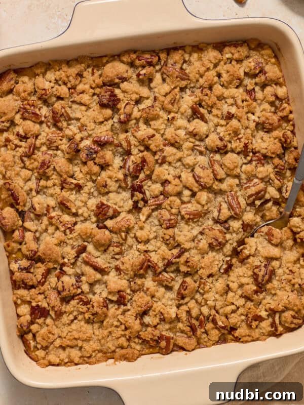 Apple and Sage Stuffing with Cranberries and Pecans 15 Square baking pan with butternut squash casserole topped with pecan crumble.