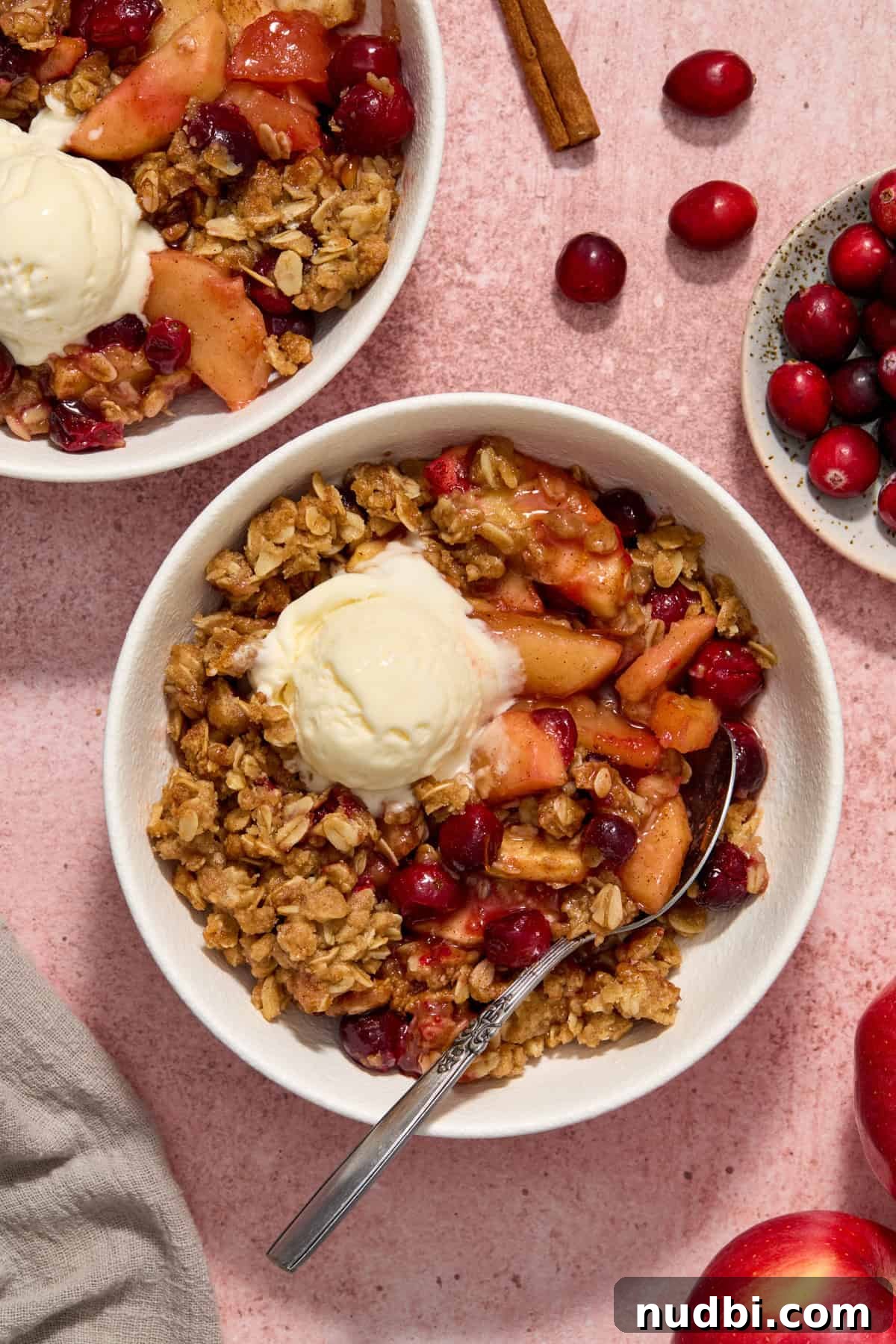 Cranberry Apple Crisp Recipe — Tart & Spiced Autumn Dessert 2 White bowls with serving of apple cranberry crisp topped with scoop of vanilla ice cream.
