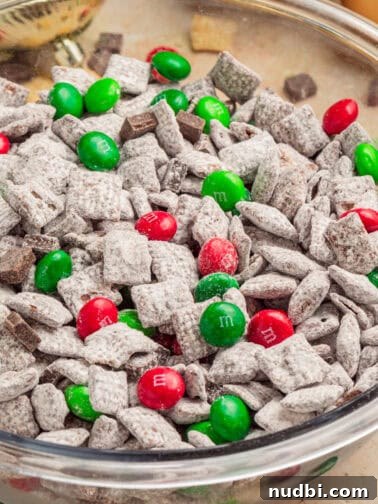 Bowl with holiday mint chocolate puppy chow.