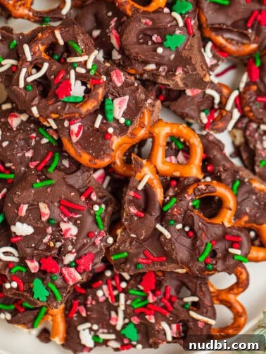 Overhead view of plate with dark chocolate candy cane pretzel bark.