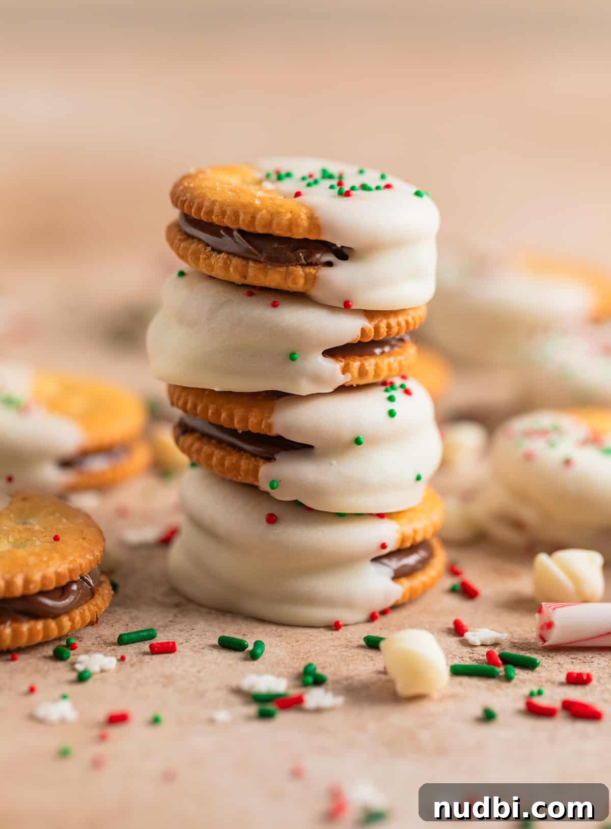 White Chocolate-Dipped Nutella Ritz Cracker Cookies 4 Stack of Christmas no bake Ritz cracker sandwich cookies with Nutella and white chocolate.
