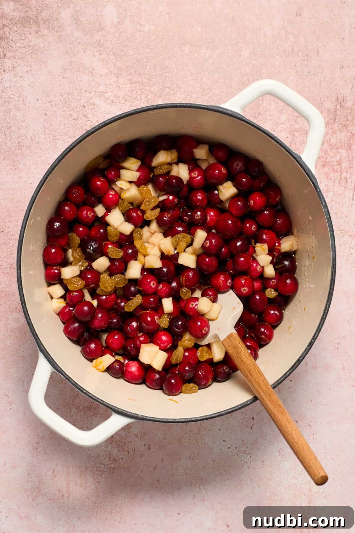 Cranberry Brie Crostini Recipe for Holiday Appetizers 4 Pot with fresh cranberries, apples, golden raisins and a spatula propped in the pot.