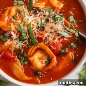 Creamy Tomato Tortellini Soup Recipe for Cozy Dinners 7 White bowl with tomato tortellini soup and spoon scooping in.